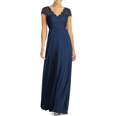 Dessy Collection Cap Sleeve Lace & Chiffon Gown, Blue