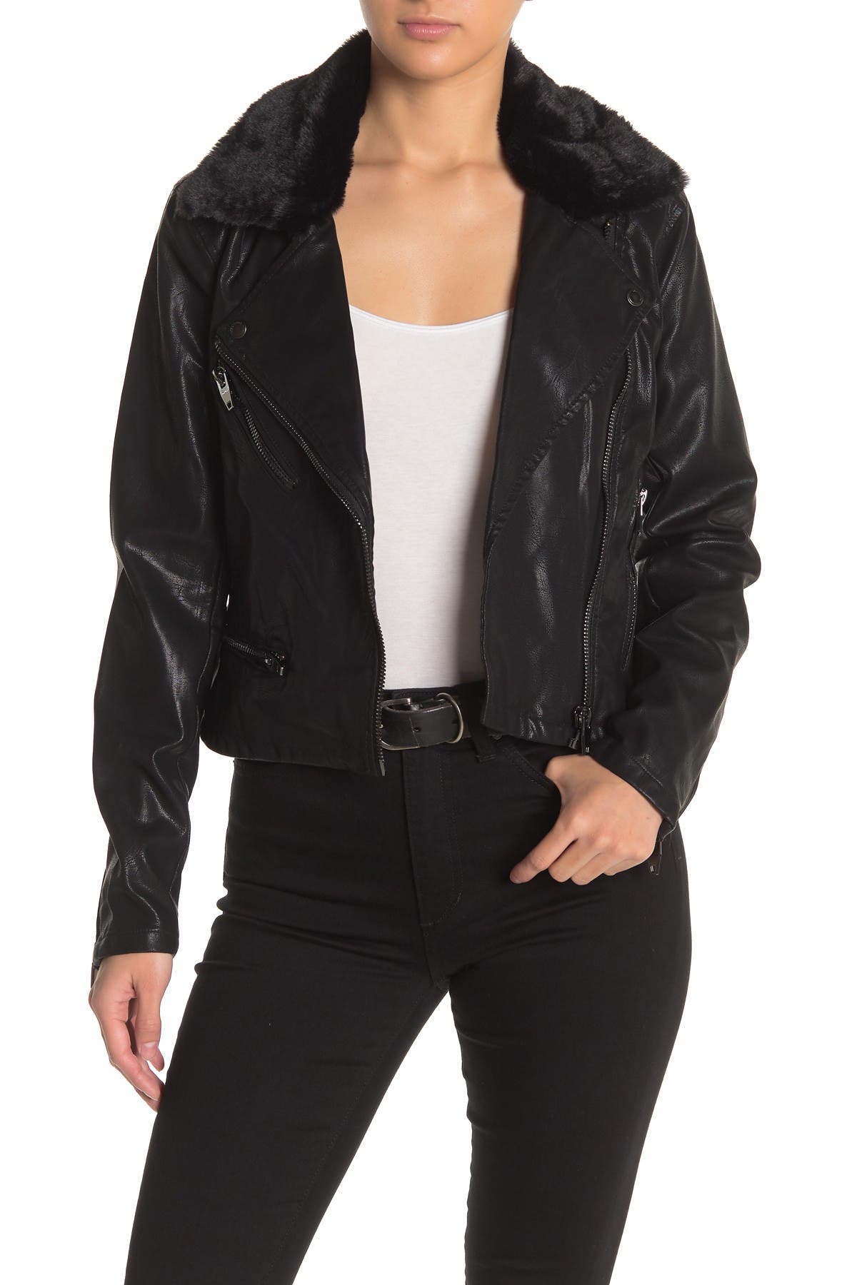 blanknyc denim faux leather fitted moto jacket