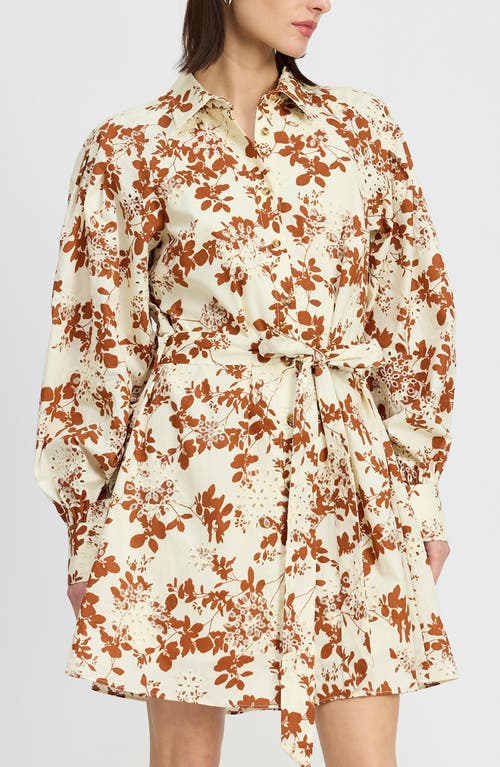 Shop En Saison Emilia Floral Long Sleeve Cotton Mini Shirtdress In Off White Rust