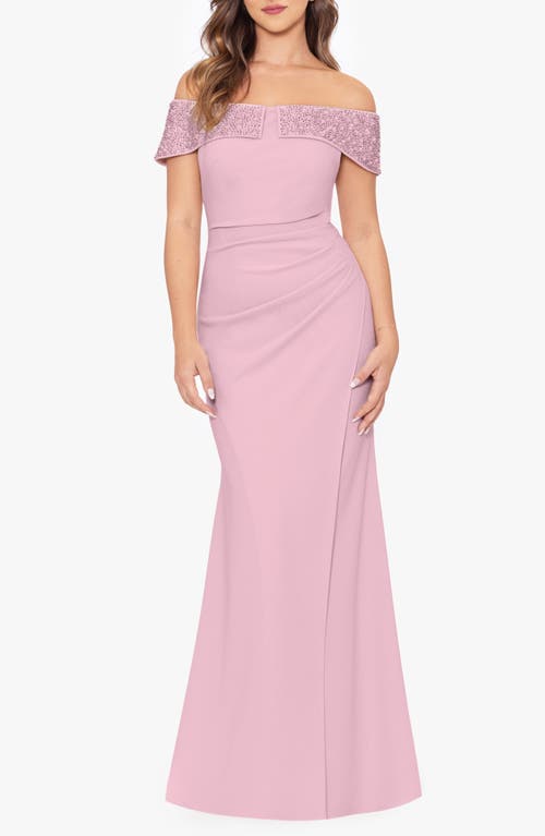 Betsy & Adam Bead Detail Off The Shoulder Scuba Crepe Sheath Gown In Rose/pearl