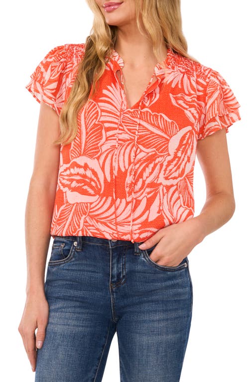 Cece Palm Print Flutter Sleeve Top In Tigerlily Red