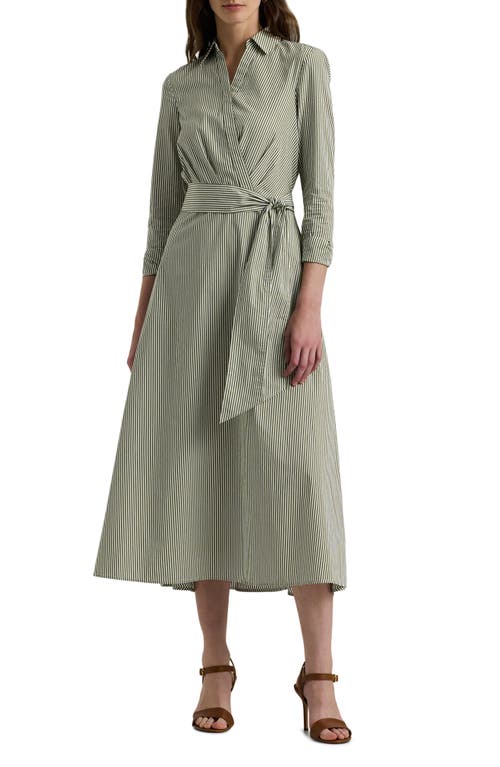 Shop Lauren Ralph Lauren Striped Surplice Broadcloth Midi Dress In Olive/white