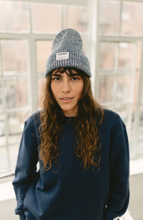 Druthers Nyc Merino Wool Big Knit Beanie In Navy Melange