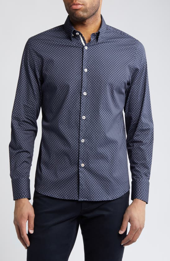 Stone Rose X-print Stretch Button-up Shirt In Navy