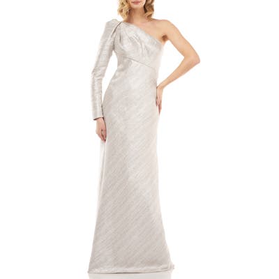 Kay Unger Metallic Stripe One-Shoulder Trumpet Gown, Metallic