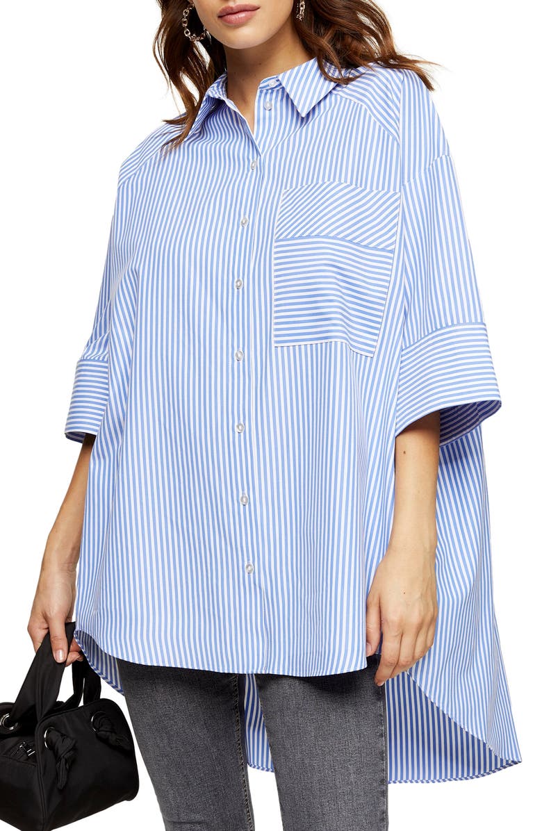 TOPSHOP Stripe Oversize Poplin Shirt, Main, color, BLUE