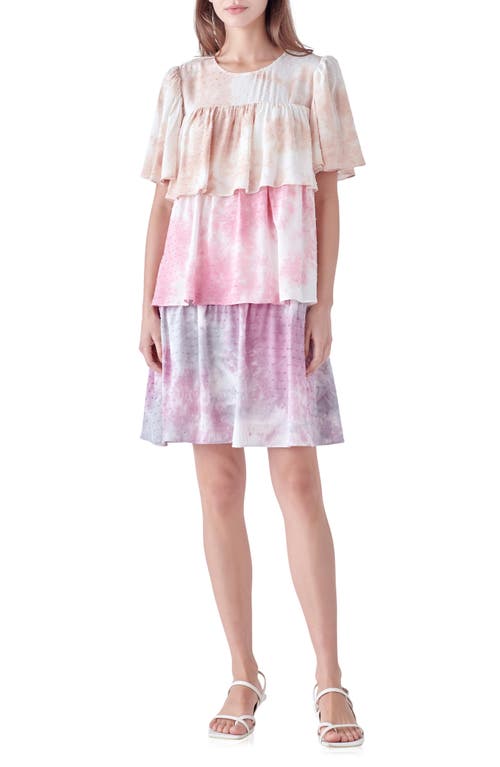 Tie Dye Swiss Dot Tiered Dress in Pink Multi