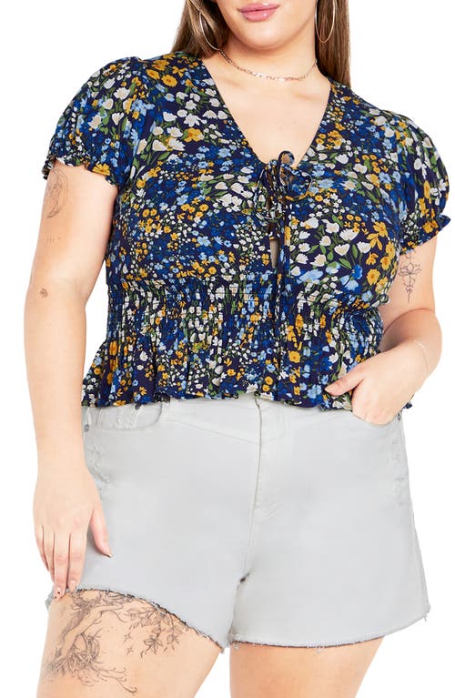 City Chic Allire Floral Smocked Top in Blue Meadow