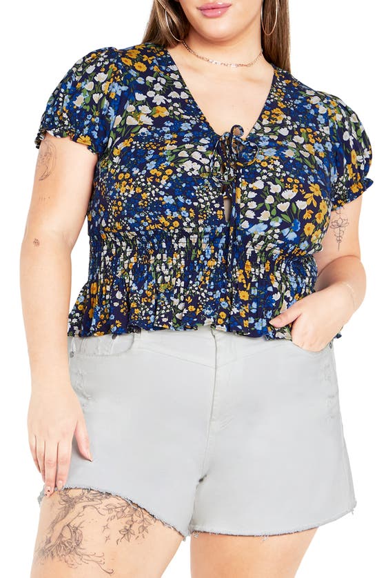 City Chic Allire Floral Smocked Top In Blue Meadow