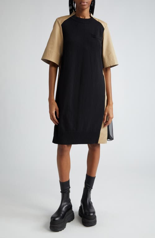 Cotton Gabardine & Sweater Knit Hybrid Dress in Black X Beige