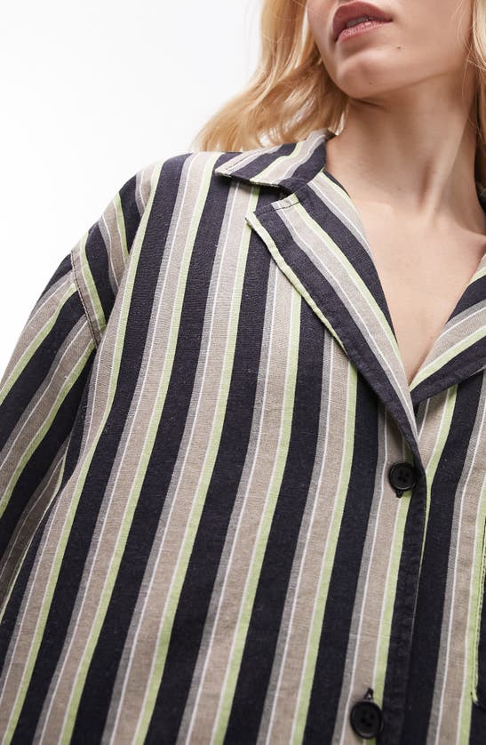 Shop Topshop Oversize Stripe Linen Blend Camp Shirt In Black Multi