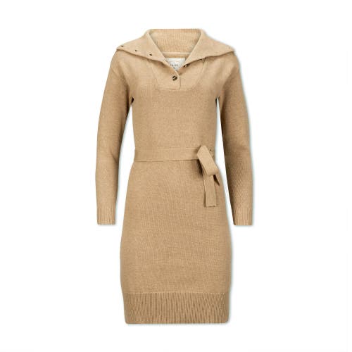 Hope & Henry Organic Wide Collar Belted Sweater Dress In Camel Heather