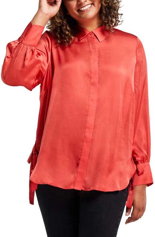 Estelle Tyrone Satin Button-Up Tie Blouse in Coral