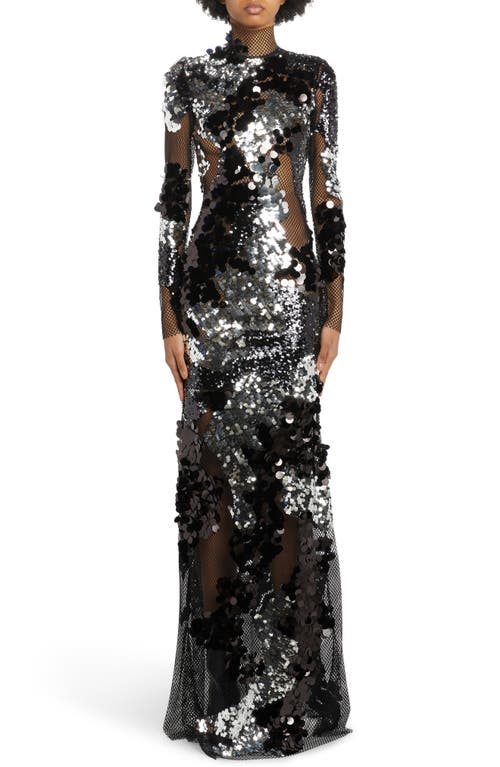 TOM FORD Long Sleeve Sequin & Mesh Gown in Black/Silver at Nordstrom, Size 10 Us