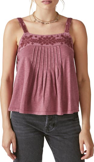Lucky Brand Women's Square Neck Embroidered Tank - Oxblood Red - Dark Red  Medium