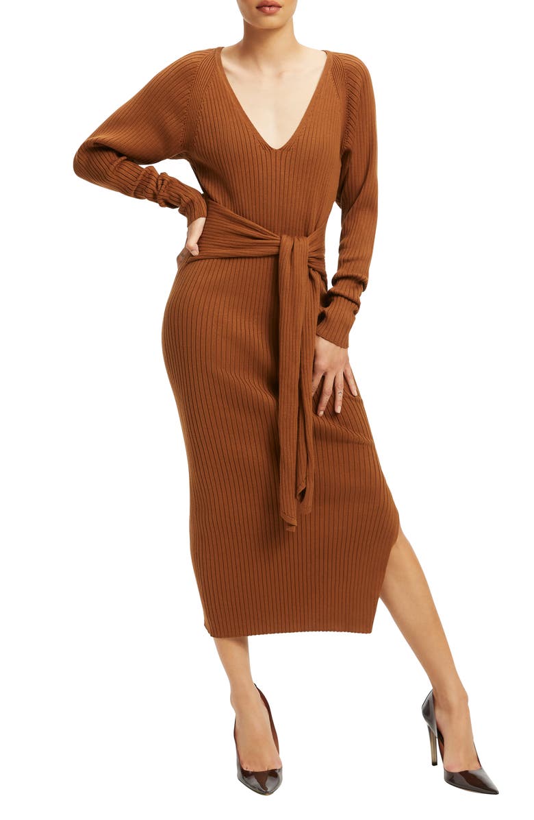 Good American Belted Long Sleeve Cotton Blend Rib Body-Con Dress 