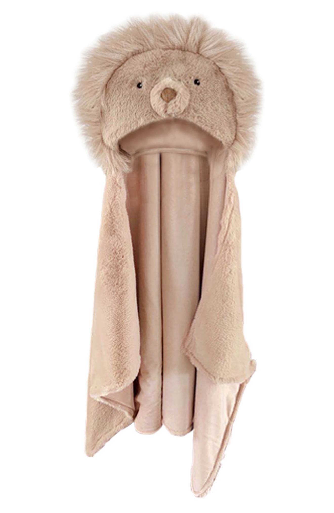 MON AMI Kids' Luca Lion Hooded Faux Fur Trim Blanket in Tan 