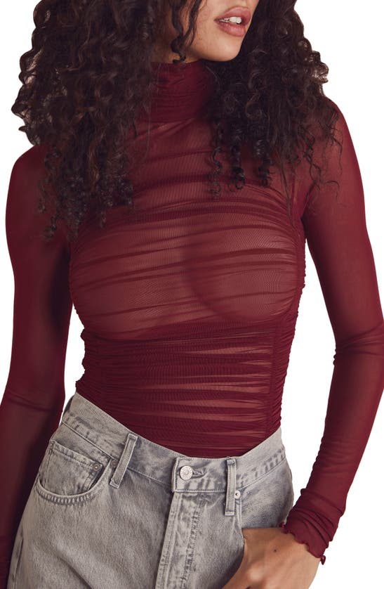 Free People Under It All Ruched Mesh Turtleneck Bodysuit In Wild Garnet