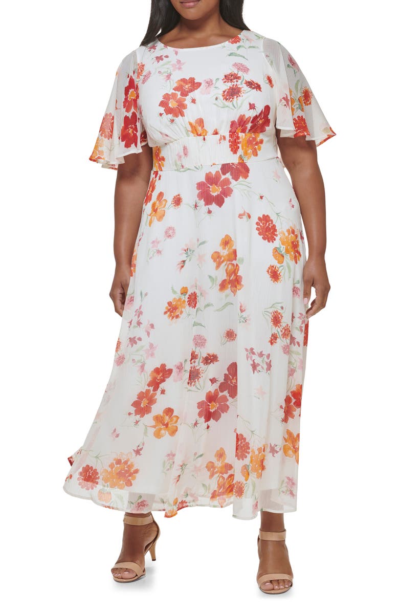 Calvin Klein Floral Capelet Sleeve Chiffon Maxi Dress | Nordstromrack