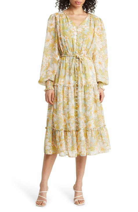 Floral Long Sleeve Chiffon Midi Dress (Nordstrom Exclusive)