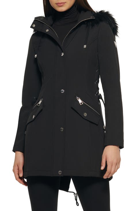 GUESS Faux Fur Trim Hooded Lace-Up Side Softshell Jacket