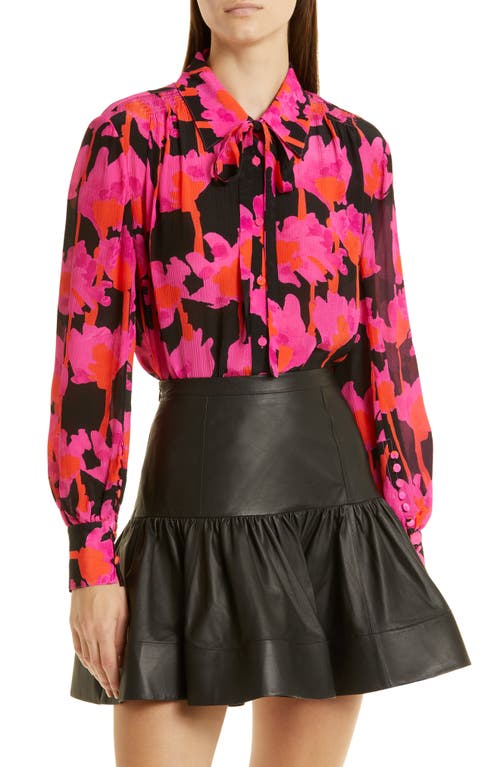 Floral Tie Neck Chiffon Blouse in Black/Pink Multi