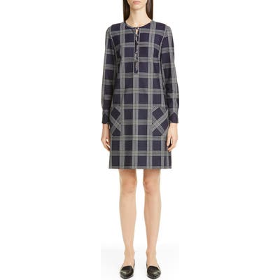 Lela Rose Plaid Button Front Long Sleeve Shift Dress, Blue