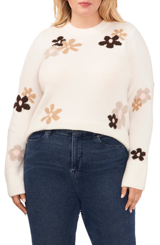 Cece Floral Crewneck Sweater In Antique White