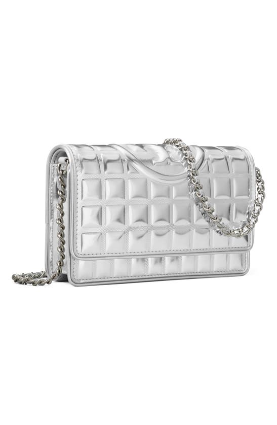Shop Tory Burch Fleming Soft Quilted Metallic Leather Wallet On A Chain In Silver