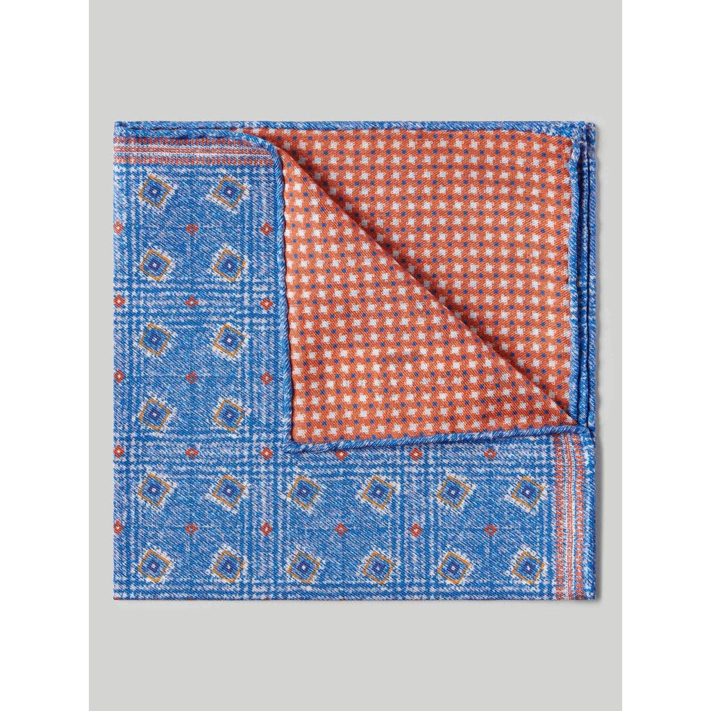 Robert Talbott Collins Reversible Silk/cotton Pocket Square In Blue/orange Neat