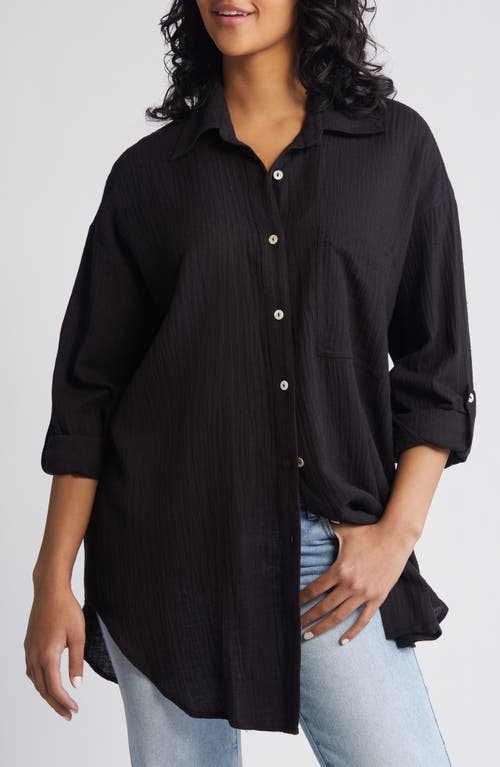Premium Linen Button-Up Blouse in Black