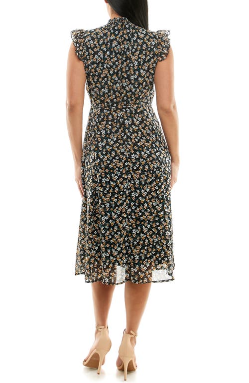 Shop Nina Leonard Smock Chiffon Midi Dress In Black/sunflower Multi