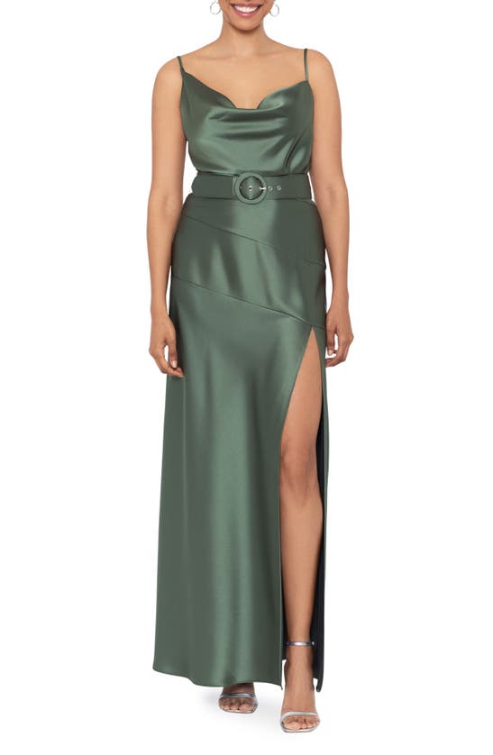 Xscape Evenings Cowl Neck Belted Satin Cocktail Dress In Olive