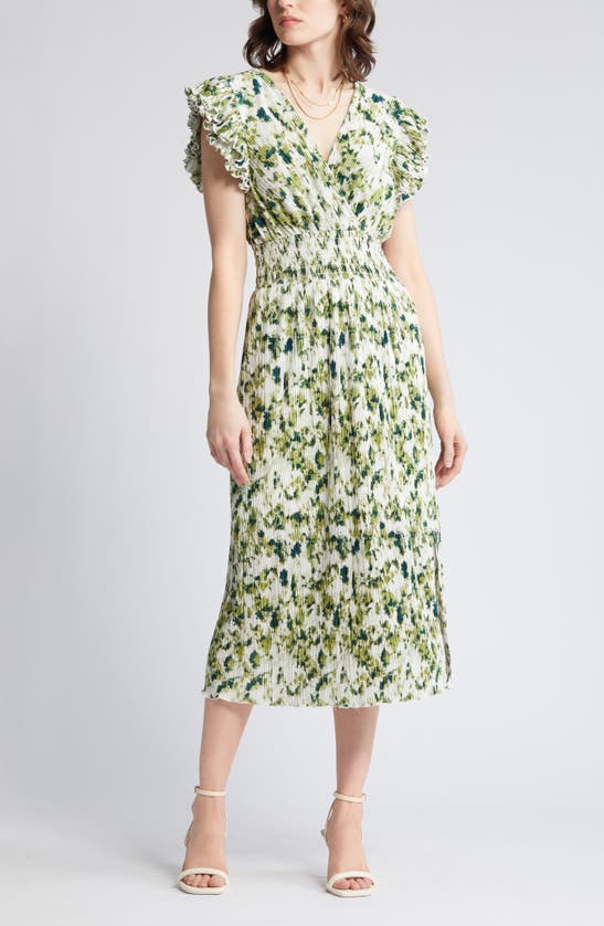 Shop Chelsea28 Flutter Sleeve Plissé Midi Dress In Green- Ivory Artful Petals