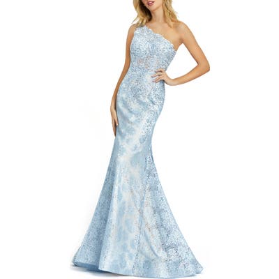 MAC Duggal One-Shoulder Lace Mermaid Gown, Blue