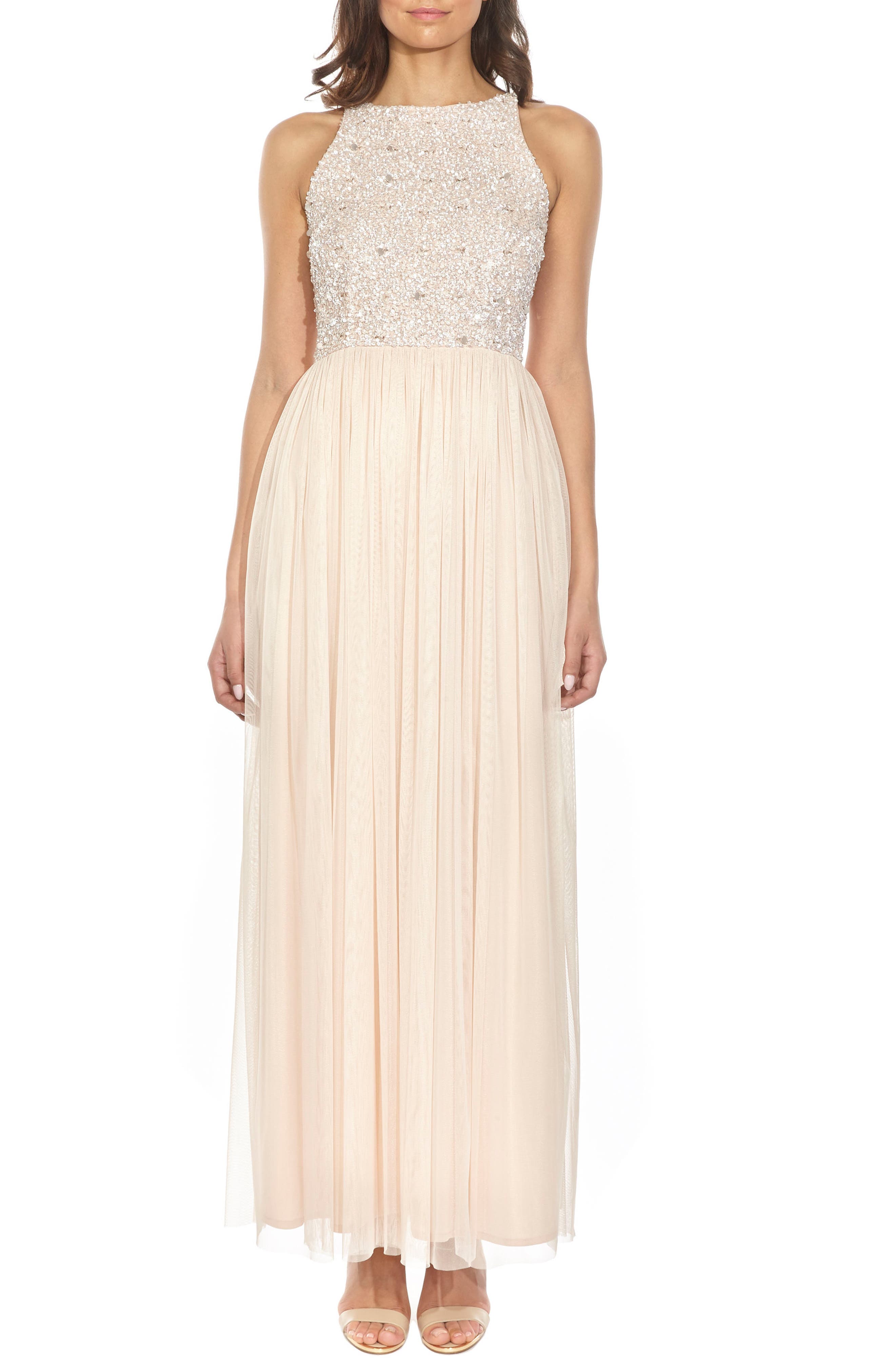 Lace & Beads Picasso Embellished Bodice Evening Dress, Beige