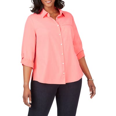 Plus Size Foxcroft Reese Solid Upf Wrinkle Free Shirt, Coral