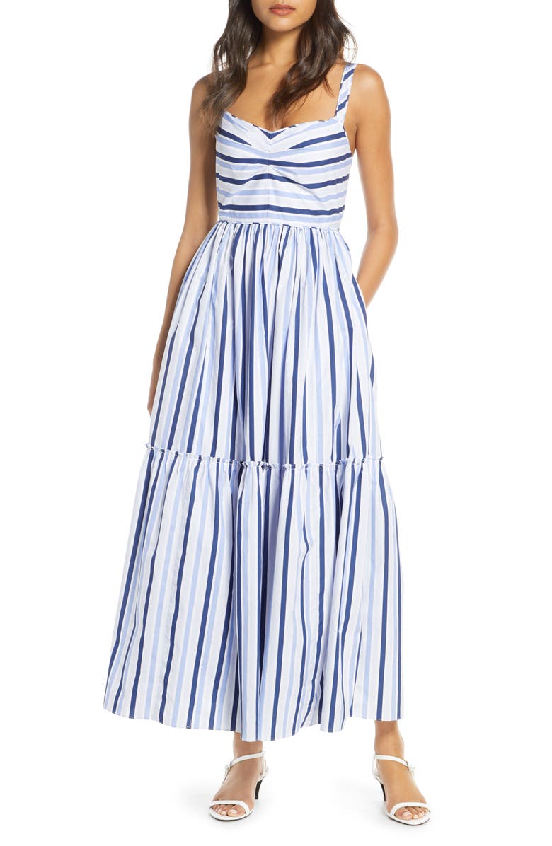 Shirting Stripe Tiered Maxi Dress, Main, color, MULTI BLUE