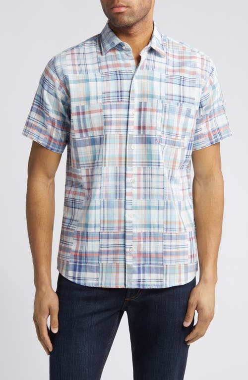Cabana Plaid Patchwork Short Sleeve Button-Up Shirt in Blue Multi