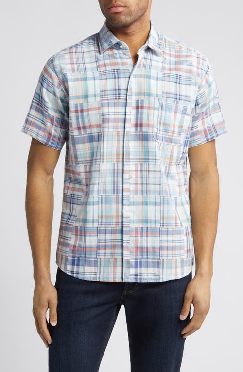 Peter Millar Cabana Plaid Patchwork Short Sleeve Button-Up Shirt Blue Multi at Nordstrom,