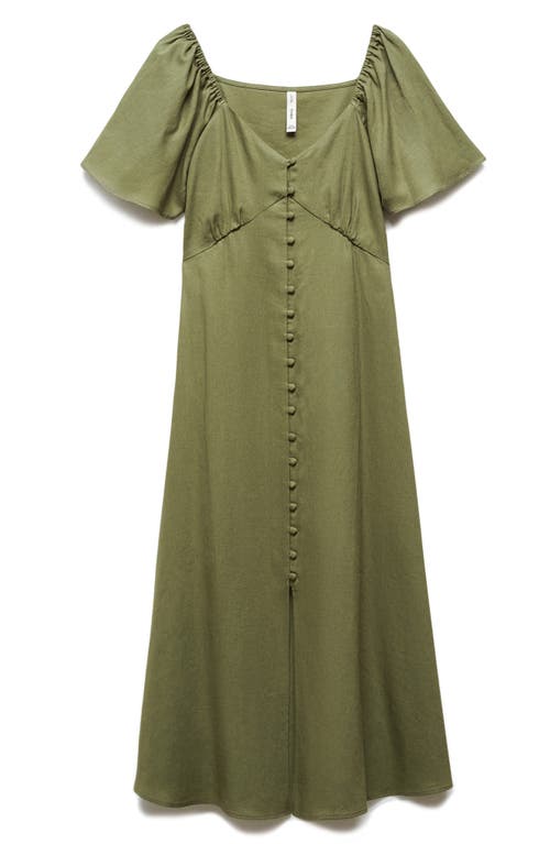 Shop Mango Flutter Sleeve Linen Blend Midi Dress In Khaki Green