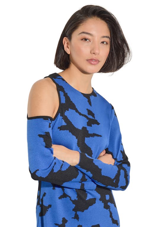 Shop Ming Wang Cold Shoulder Long Sleeve Midi Sweater Dress In Gentian Blue/black