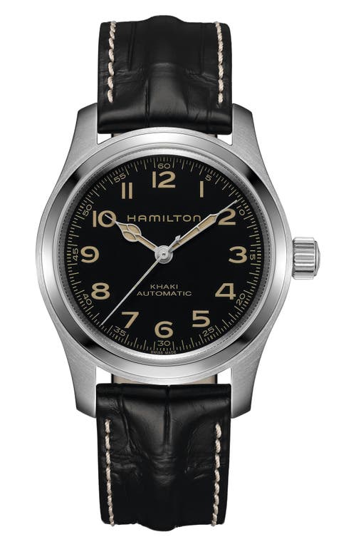 Hamilton Khaki Field Automatic Leather Strap Watch, 42mm in Black/Silver at Nordstrom