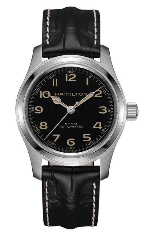 Hamilton Khaki Field Automatic Leather Strap Watch, 42mm In Black/silver