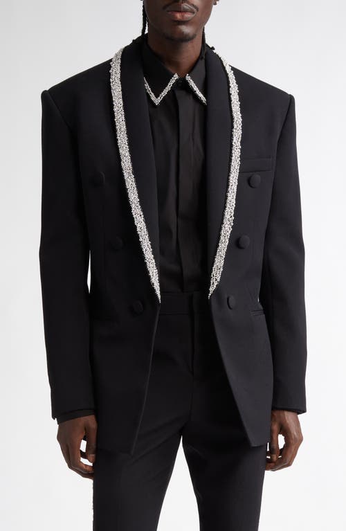 Shop Balmain Embellished Collar Wool Grain De Poudre Tuxedo Jacket In Black/crystal