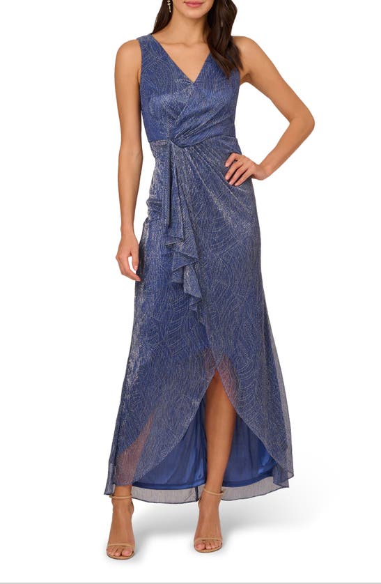 Adrianna Papell Metallic Sleeveless Mesh High/low Gown In Light Navy