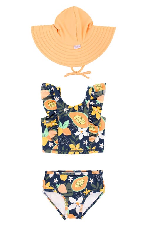 RuffleButts Into the Tropics Two-Piece Swimsuit & Hat Set Blue at Nordstrom,
