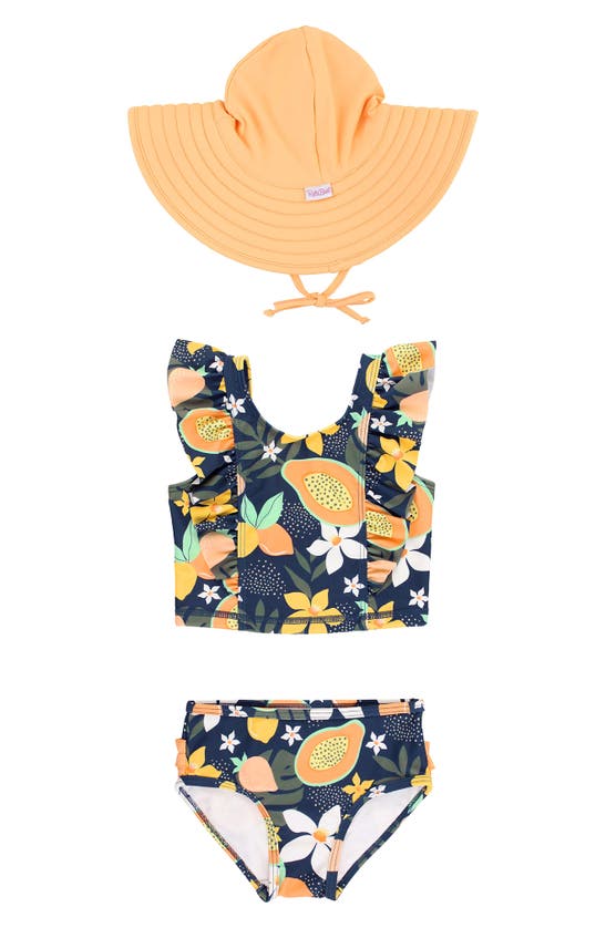 Rufflebutts Babies' Into The Tropics Two-piece Swimsuit & Hat Set In Blue