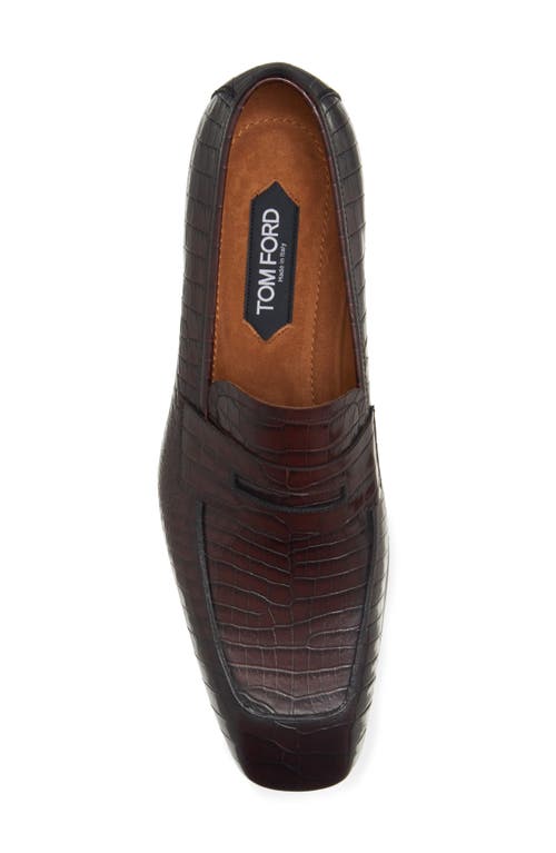 Tom Ford Bailey Croc Embossed Penny Loafer In 1b092 Dark Mahogany