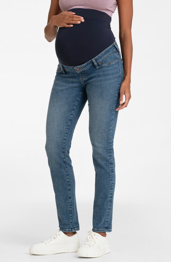 Shop Seraphine Over The Bump Slim Fit Maternity Jeans In Mid Blue